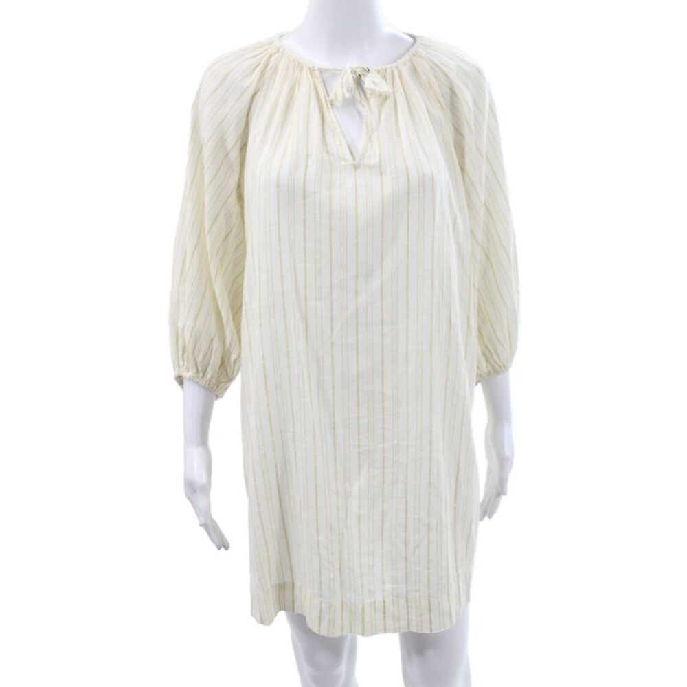 Unsubscribed Womens Shift Dress Ivory Striped V-Neck Tie 3/4 Sleeve Size 2XS